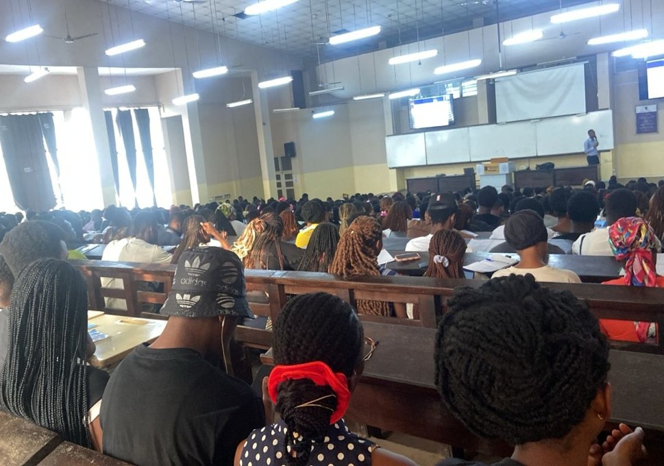 Crowded university lecture hall in Africa showing large class sizes